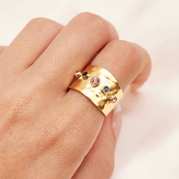 New 18KG FP Cubic Zirconia Rainbow Textured Gold Plated Open Cuff Cocktail Ring - Picture 6 of 15